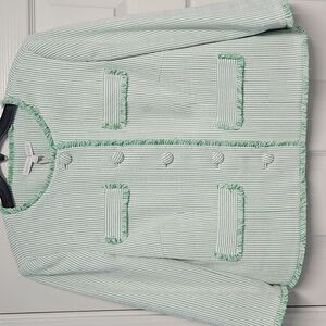 Preston & York Judith Boucle Tweed Round Neck Jacket:Green/White Stripe:Size- 14